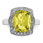 Sterling Silver Rhodium Diam. & Checker-Cut Lemon Quartz Ring