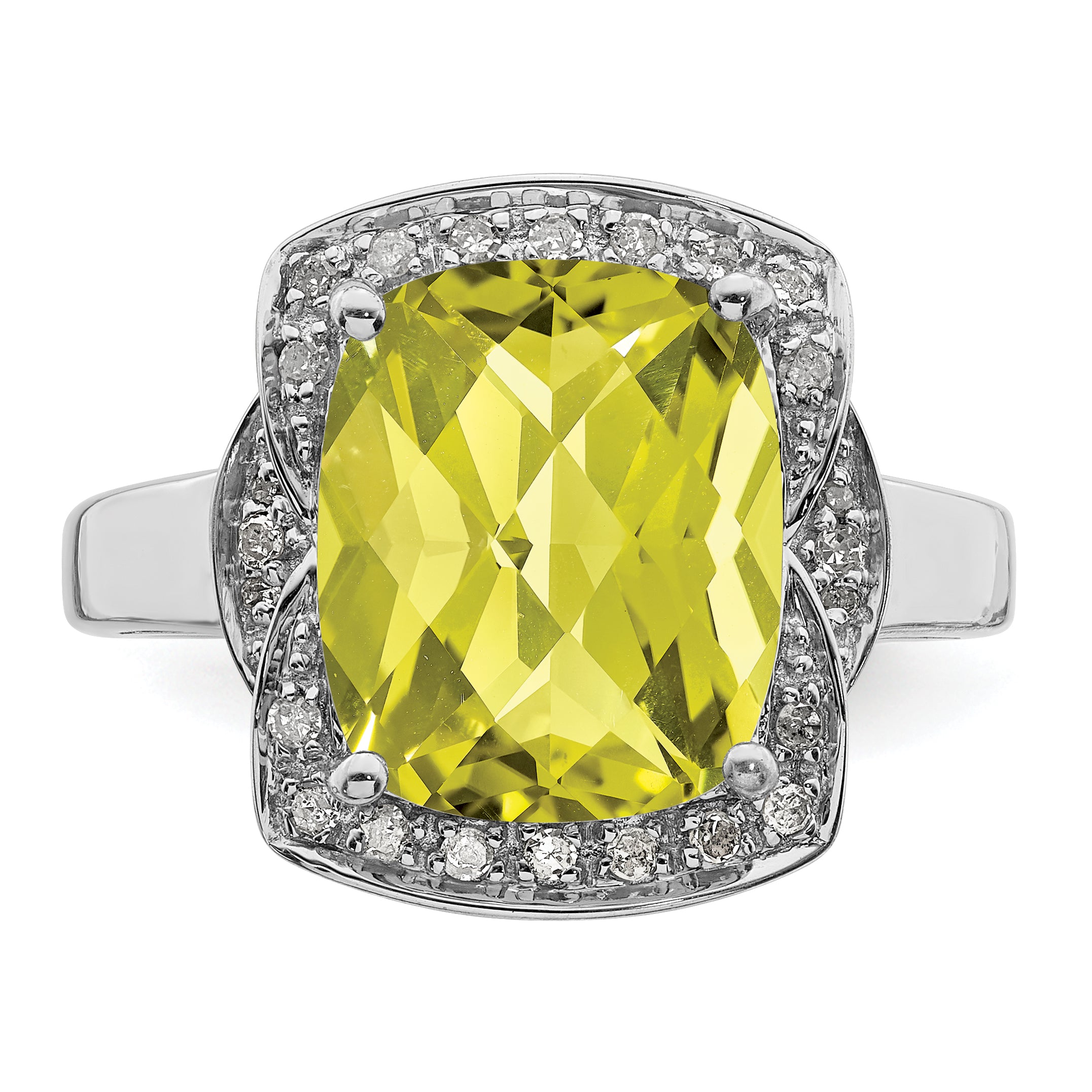 Sterling Silver Rhodium Diam. & Checker-Cut Lemon Quartz Ring
