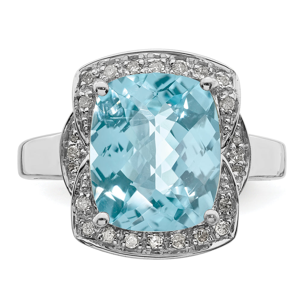 Sterling Silver Rhodium Diam. & Checker-Cut Sky Blue Topaz Ring