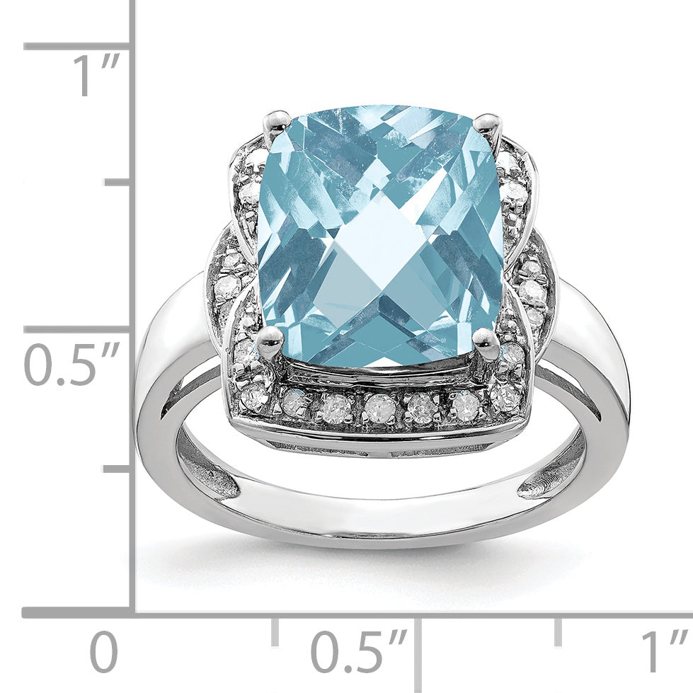 Sterling Silver Rhodium Diam. & Checker-Cut Sky Blue Topaz Ring