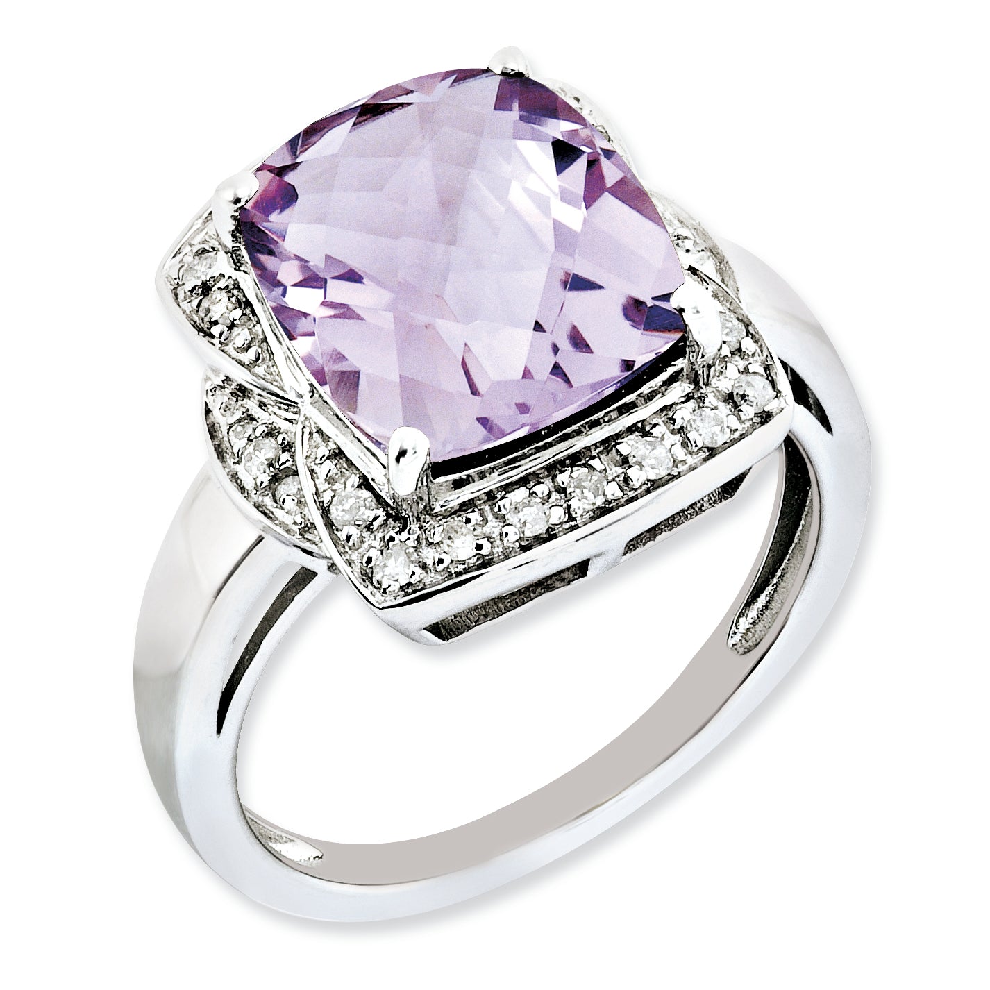 Sterling Silver Rhodium-plated Diamond & Checker-Cut Pink Quartz Ring