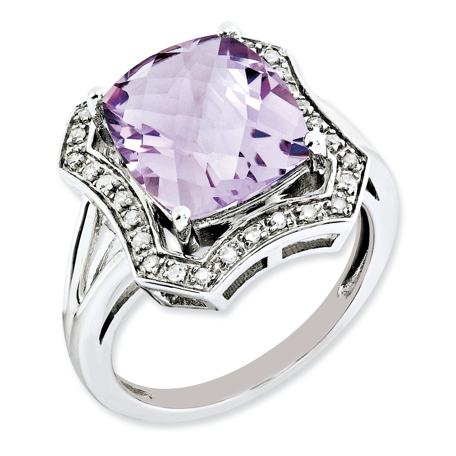 Sterling Silver Rhodium-plated Diamond & Checker-Cut Pink Quartz Ring