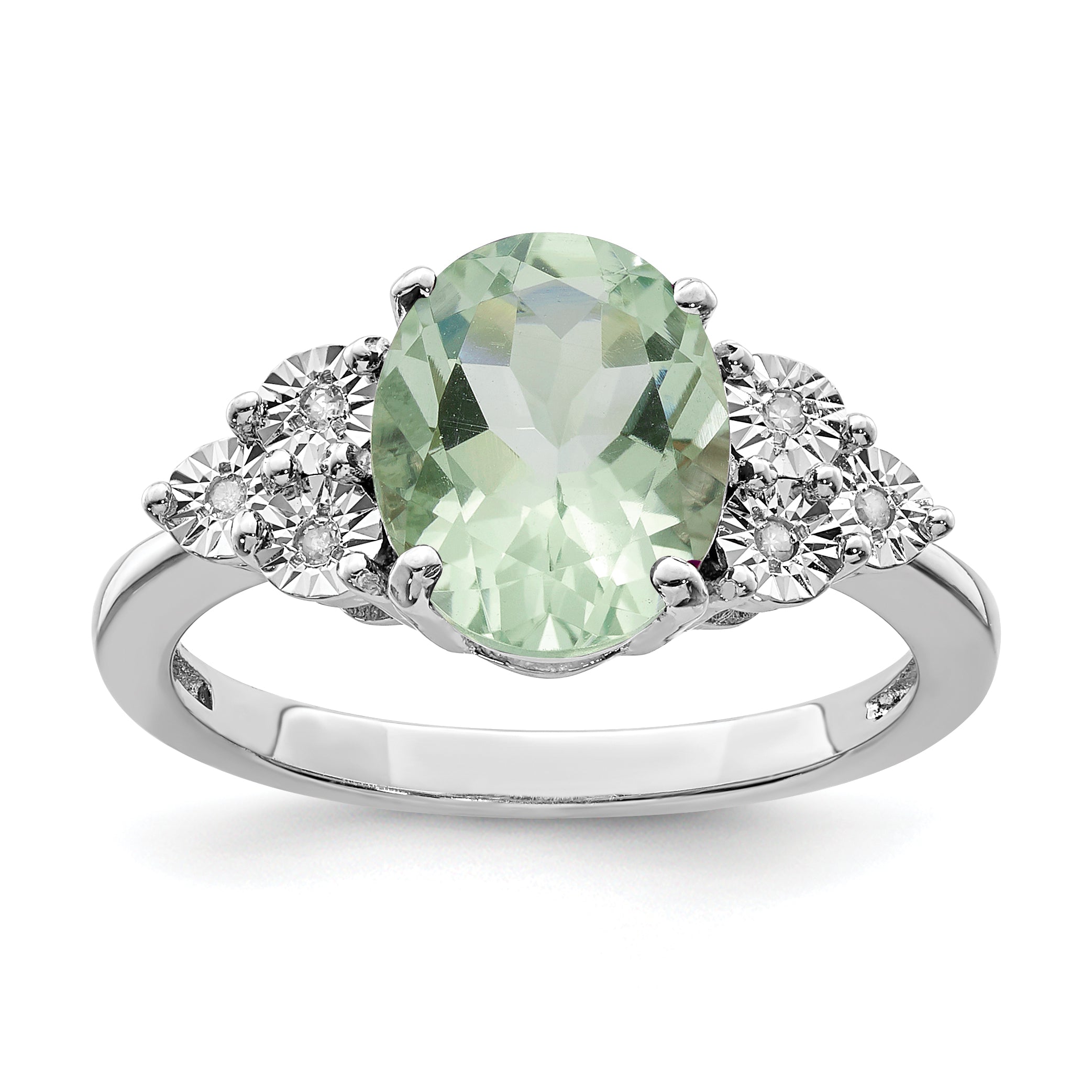 Sterling Silver Rhodium Diam. & Green Quartz Ring