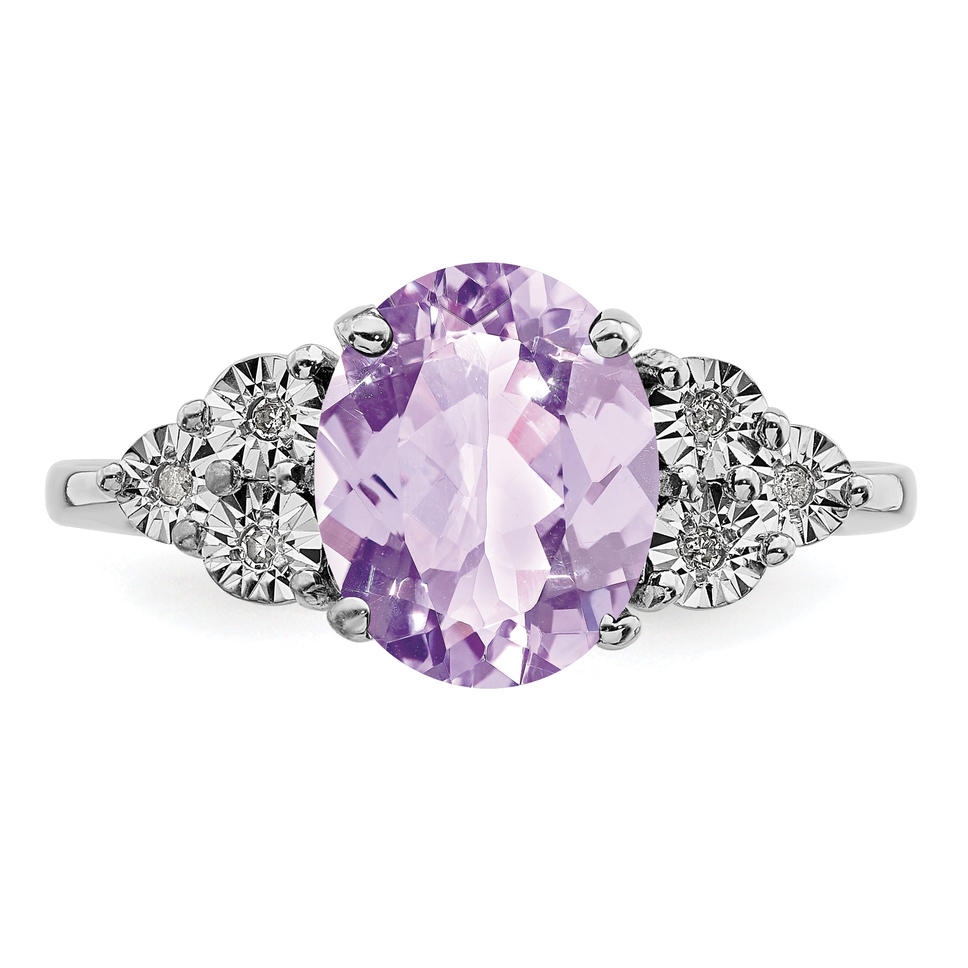 Sterling Silver Rhodium Diam. & Pink Quartz Ring