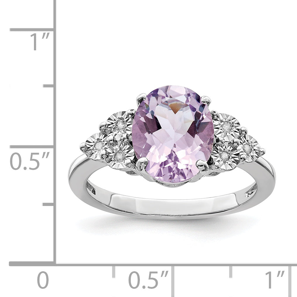 Sterling Silver Rhodium Diam. & Pink Quartz Ring