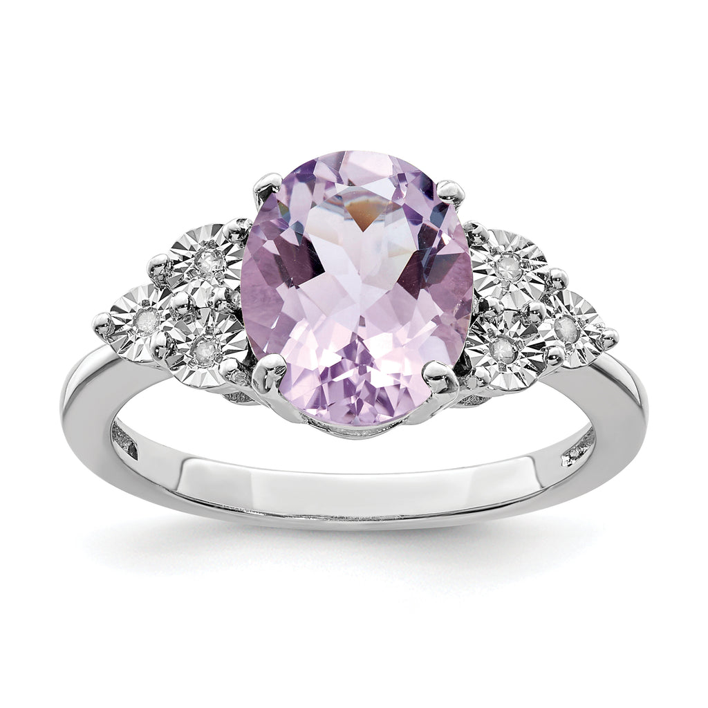 Sterling Silver Rhodium Diam. & Pink Quartz Ring