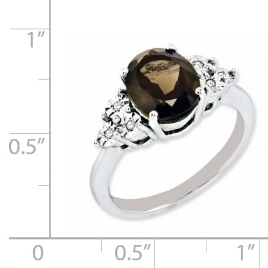 Sterling Silver Rhodium Diam. & Smoky Quartz Ring