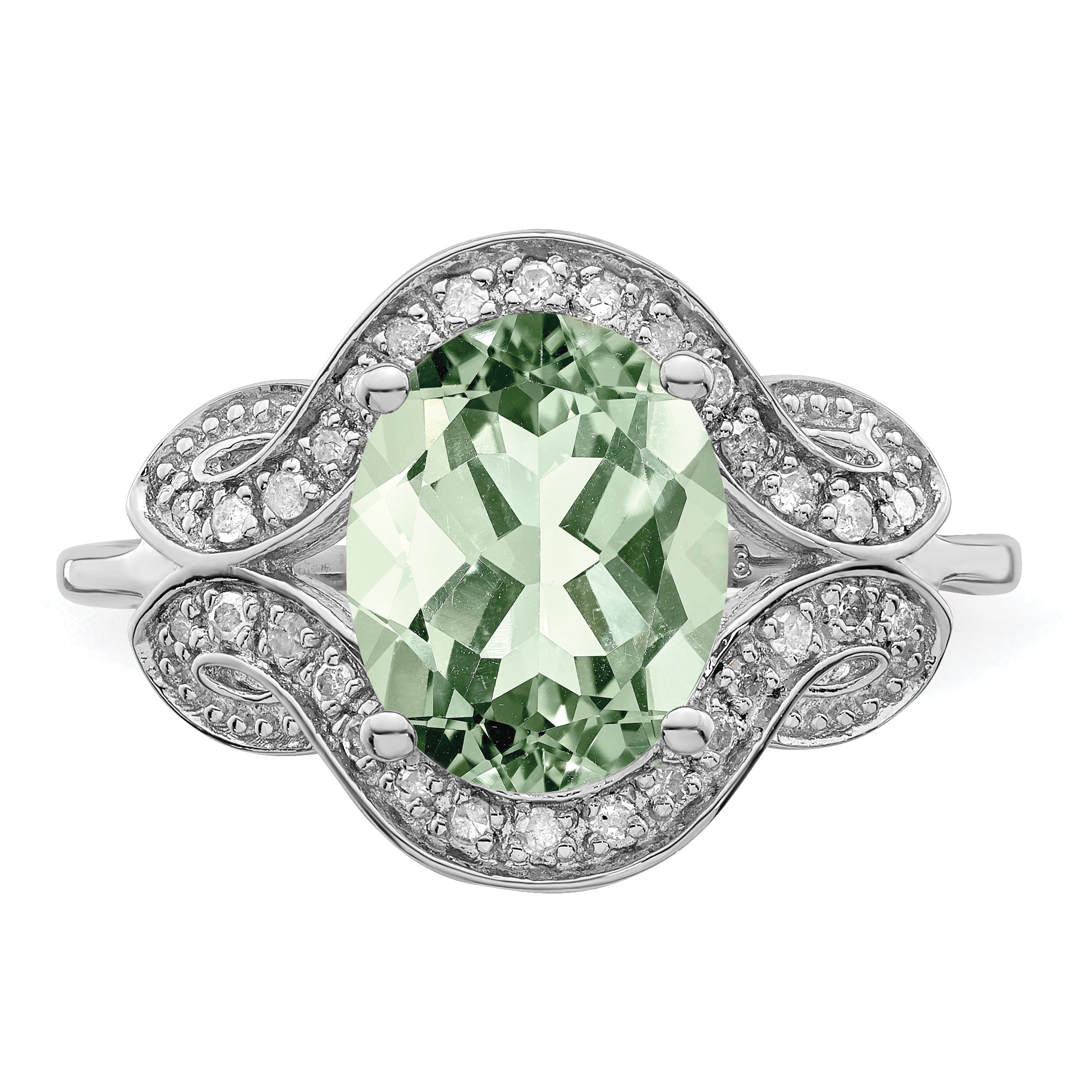Sterling Silver Rhodium Diam. & Oval Green Quartz Ring