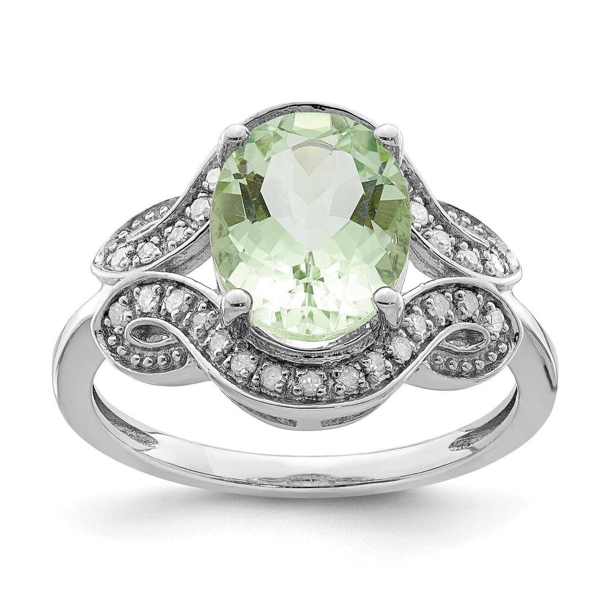 Sterling Silver Rhodium Diam. & Oval Green Quartz Ring