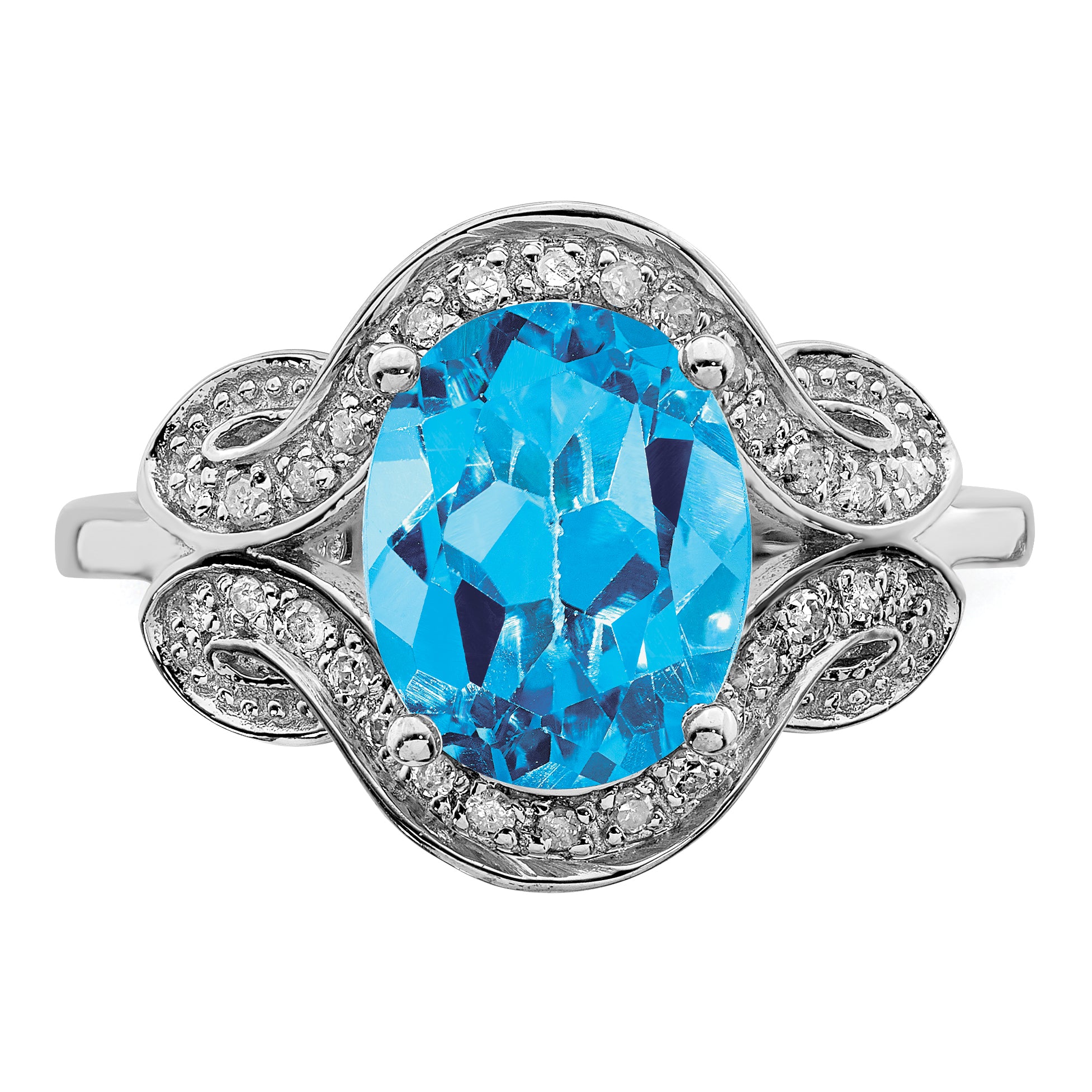 Sterling Silver Rhodium Diam. & Oval Blue Topaz Ring