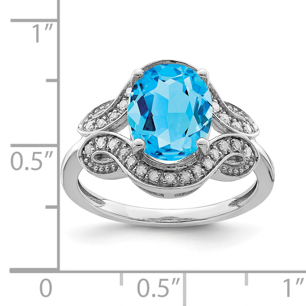 Sterling Silver Rhodium Diam. & Oval Blue Topaz Ring