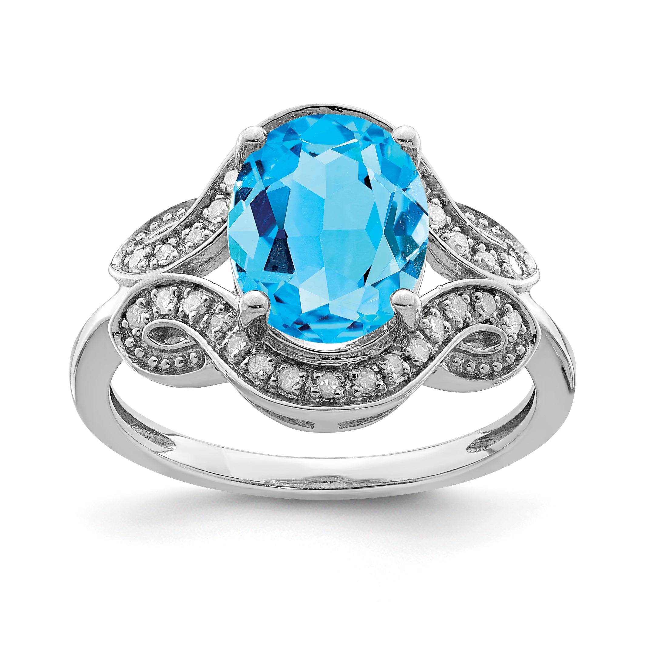 Sterling Silver Rhodium Diam. & Oval Blue Topaz Ring