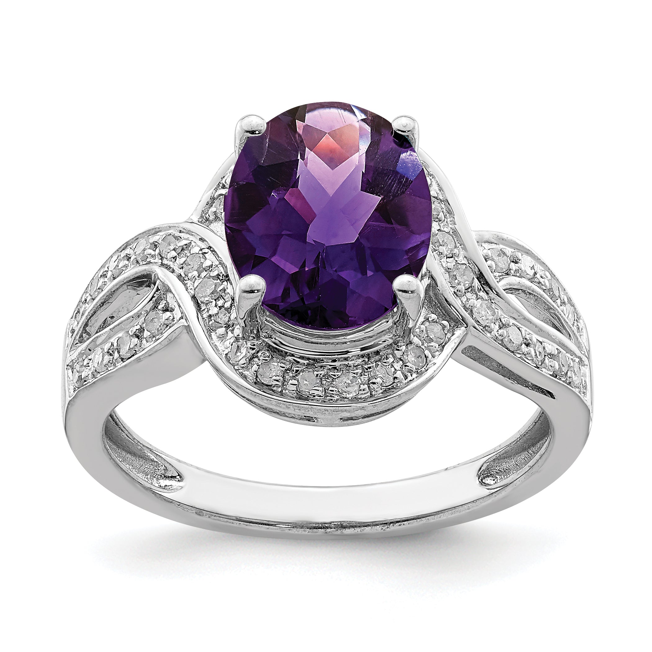 Sterling Silver Rhodium-plated Diamond & Oval Checker-Cut Amethyst Ring Main image