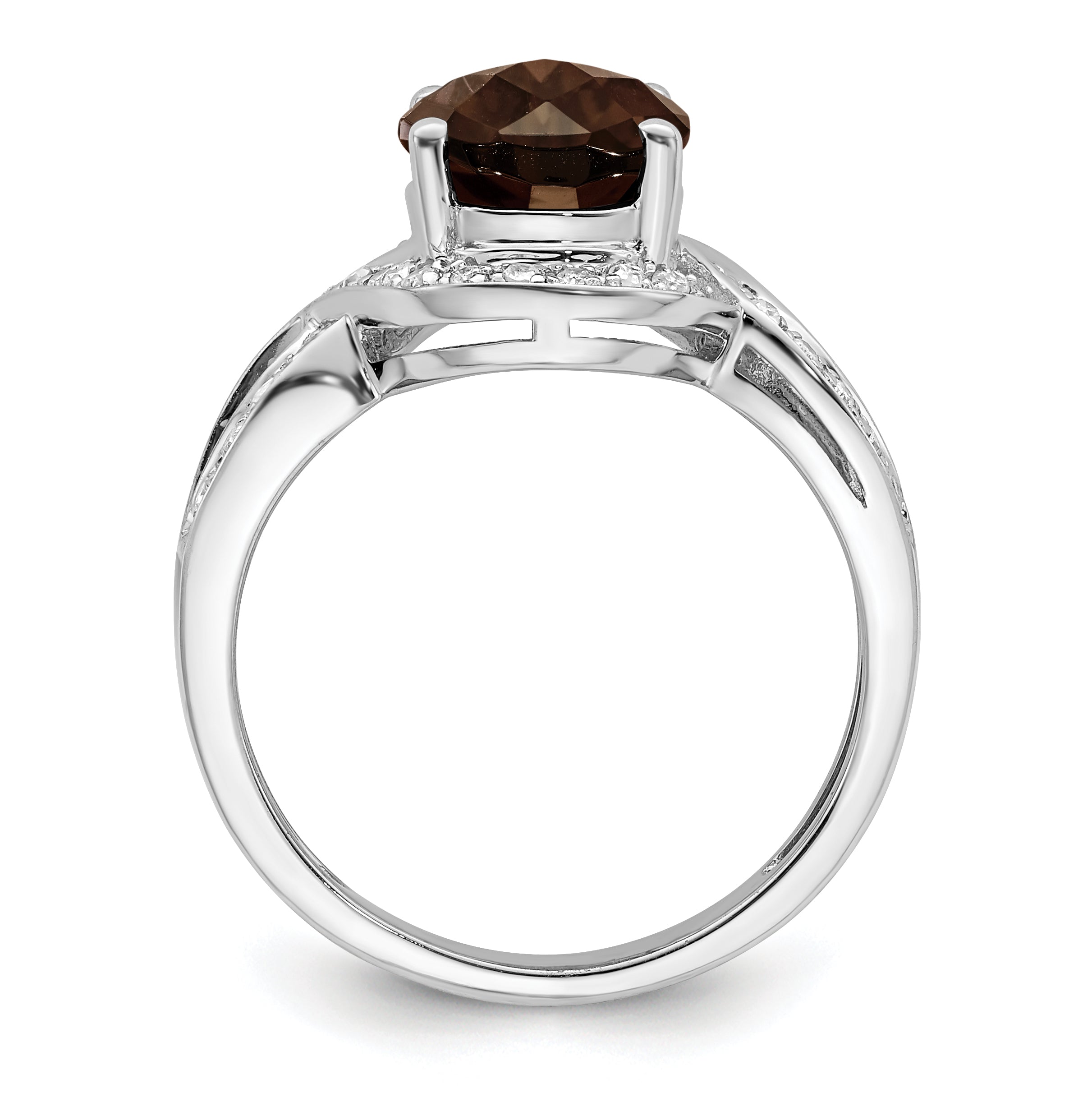 Sterling Silver Rhodium Diam. & Oval Checker-Cut Smoky Quartz Ring