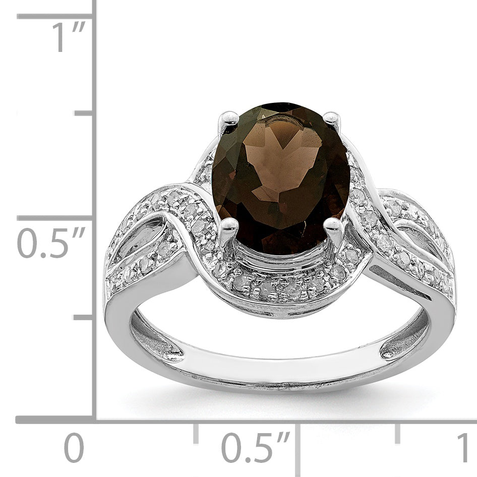 Sterling Silver Rhodium Diam. & Oval Checker-Cut Smoky Quartz Ring