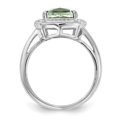 Sterling Silver Rhodium Diam. & Checker-Cut Green Quartz Ring