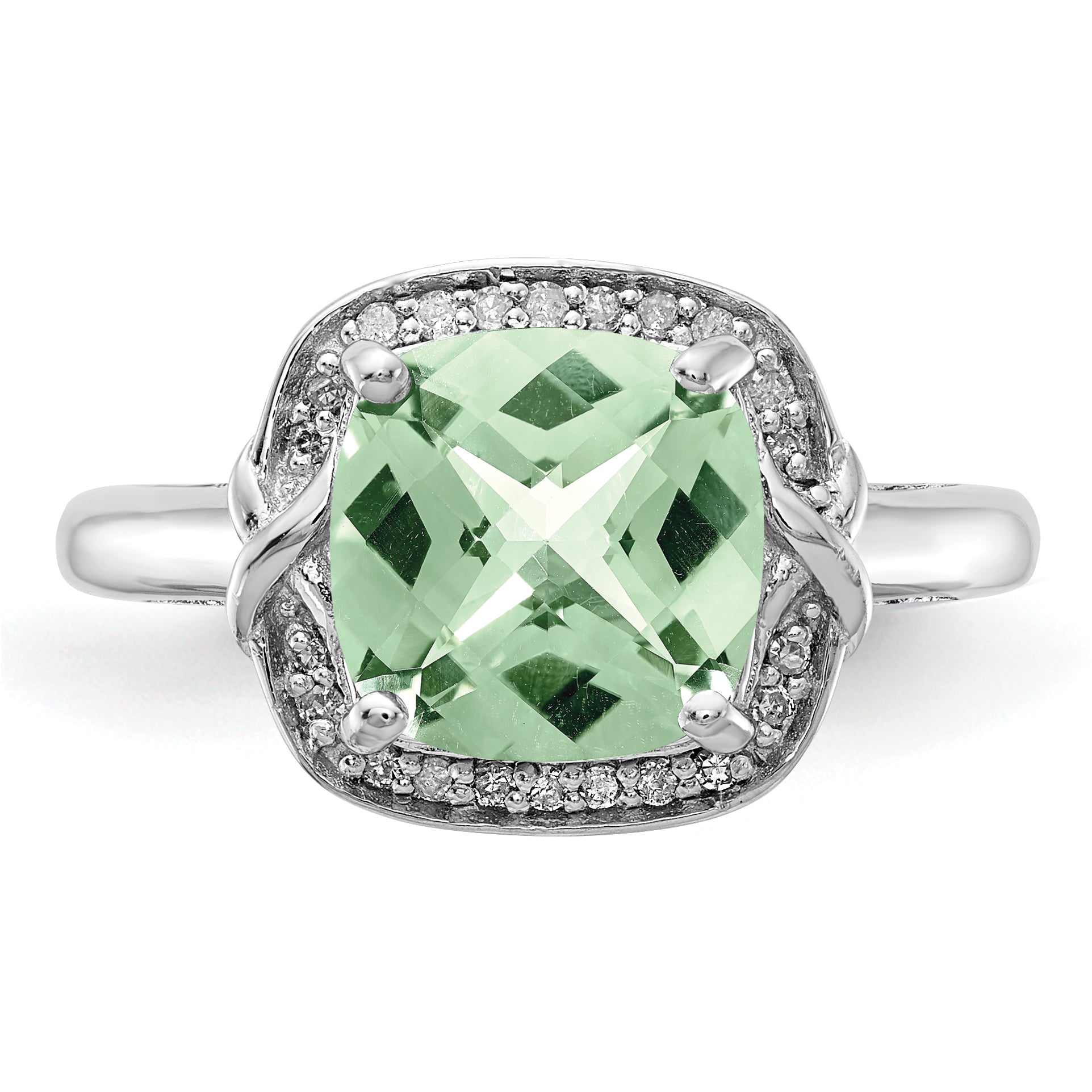 Sterling Silver Rhodium Diam. & Checker-Cut Green Quartz Ring