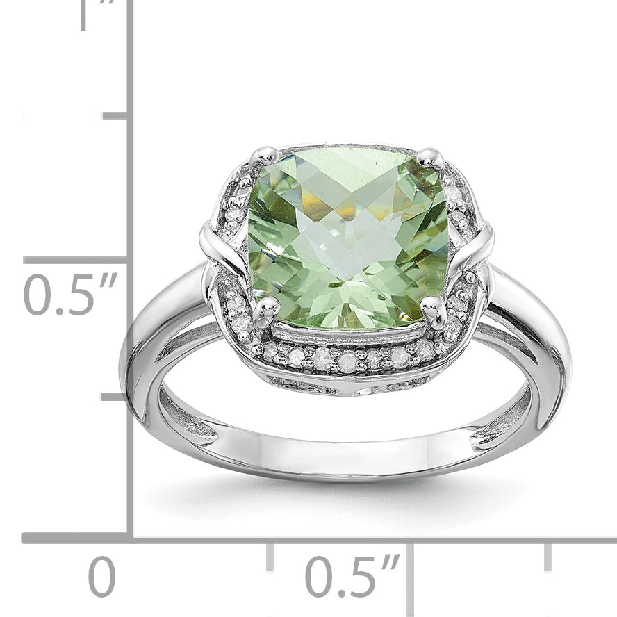 Sterling Silver Rhodium Diam. & Checker-Cut Green Quartz Ring