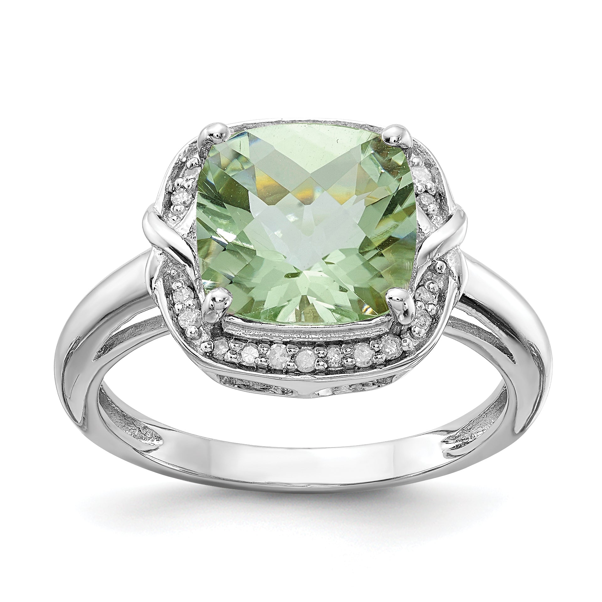 Sterling Silver Rhodium Diam. & Checker-Cut Green Quartz Ring Main image
