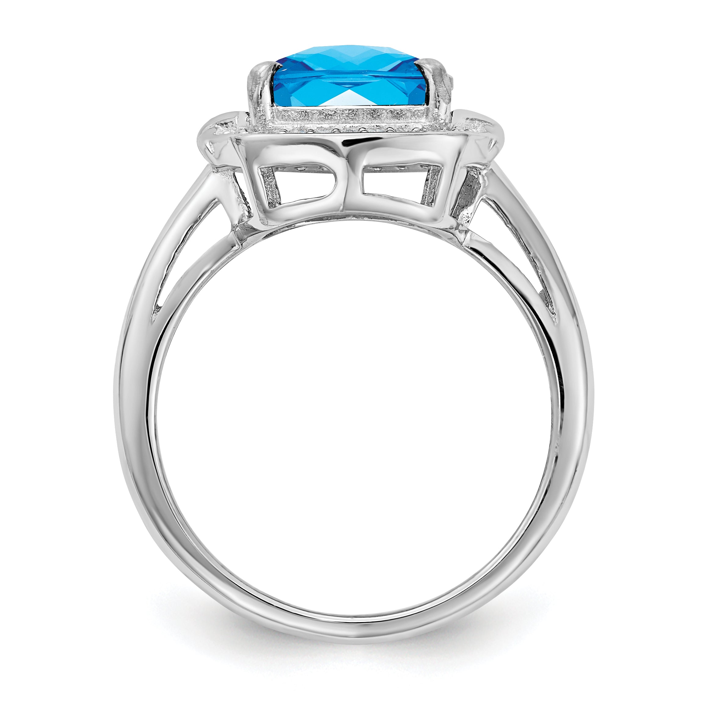 Sterling Silver Rhodium Diam. & Checker-Cut Blue Topaz Ring