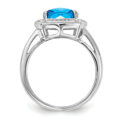 Sterling Silver Rhodium Diam. & Checker-Cut Blue Topaz Ring