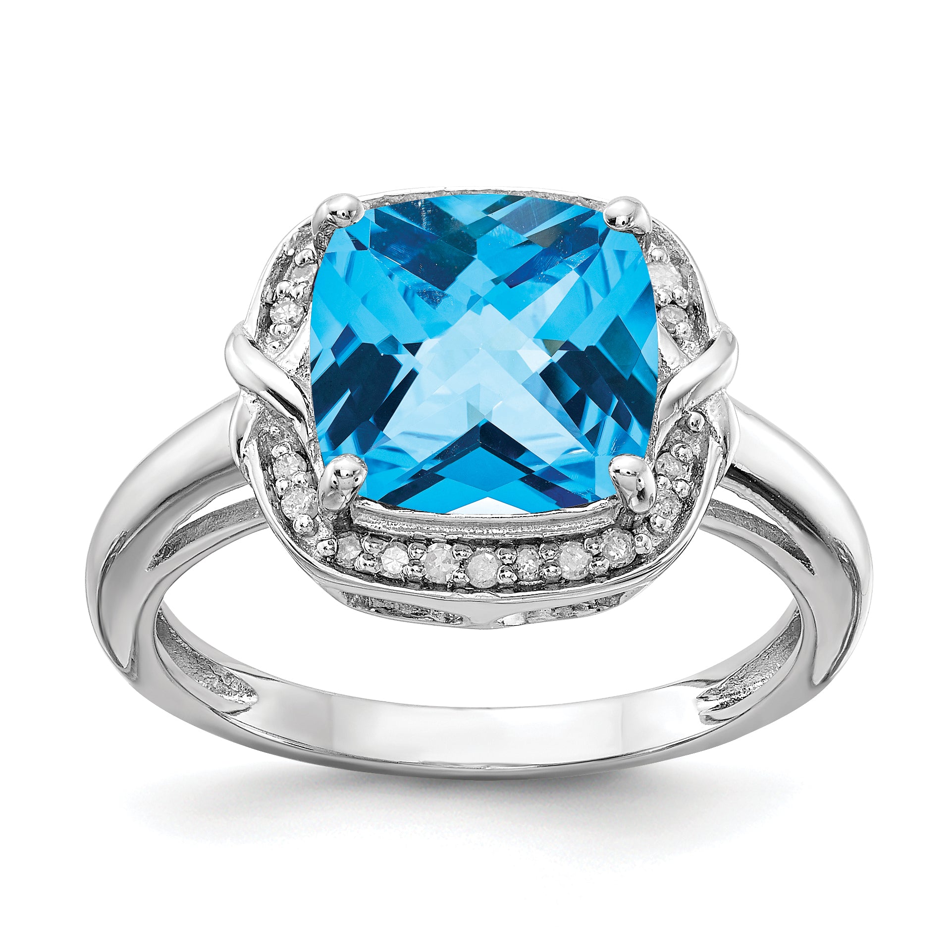 Sterling Silver Rhodium Diam. & Checker-Cut Blue Topaz Ring Main image