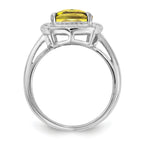 Sterling Silver Rhodium Diam. & Checker-Cut Lemon Quartz Ring