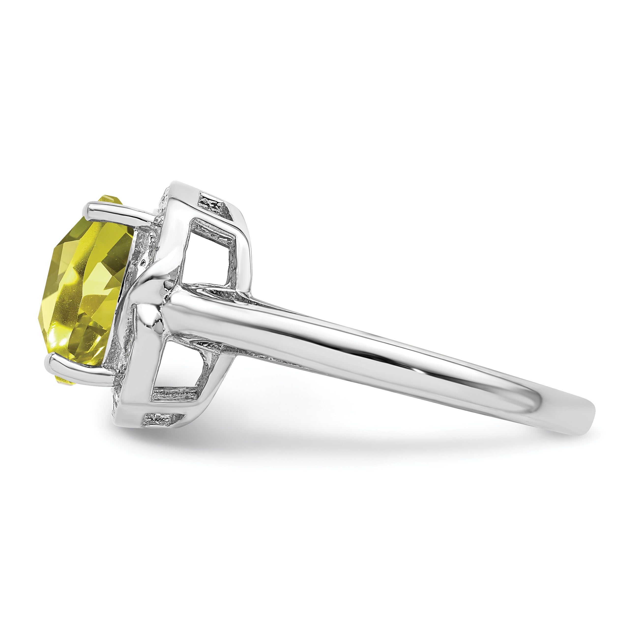 Sterling Silver Rhodium Diam. & Checker-Cut Lemon Quartz Ring