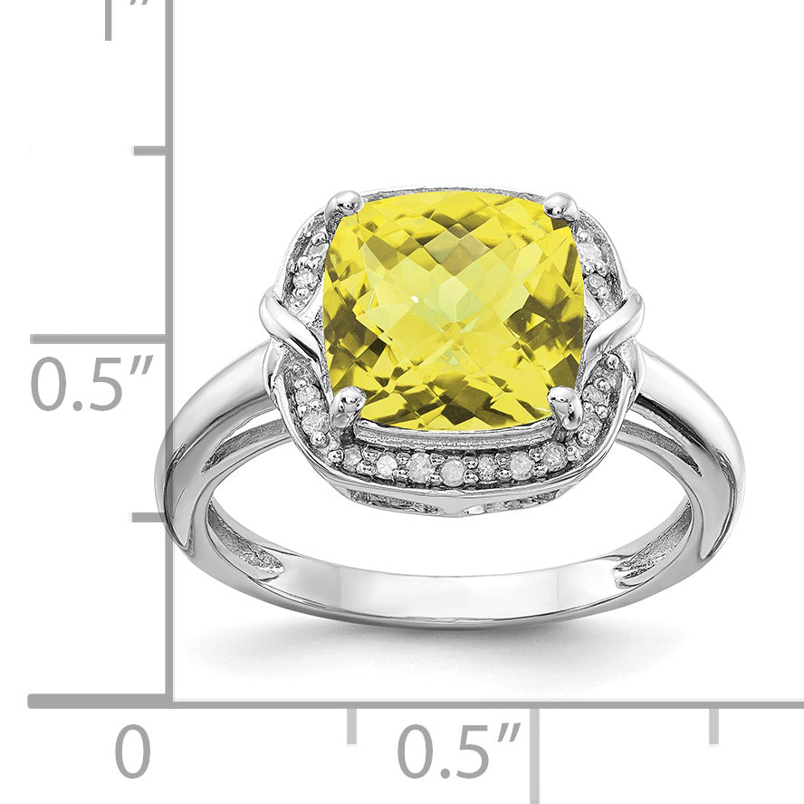 Sterling Silver Rhodium Diam. & Checker-Cut Lemon Quartz Ring