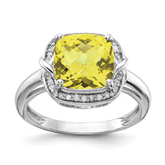 Sterling Silver Rhodium Diam. & Checker-Cut Lemon Quartz Ring