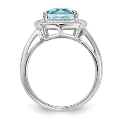 Sterling Silver Rhodium Diam. & Checker-Cut Sky Blue Topaz Ring