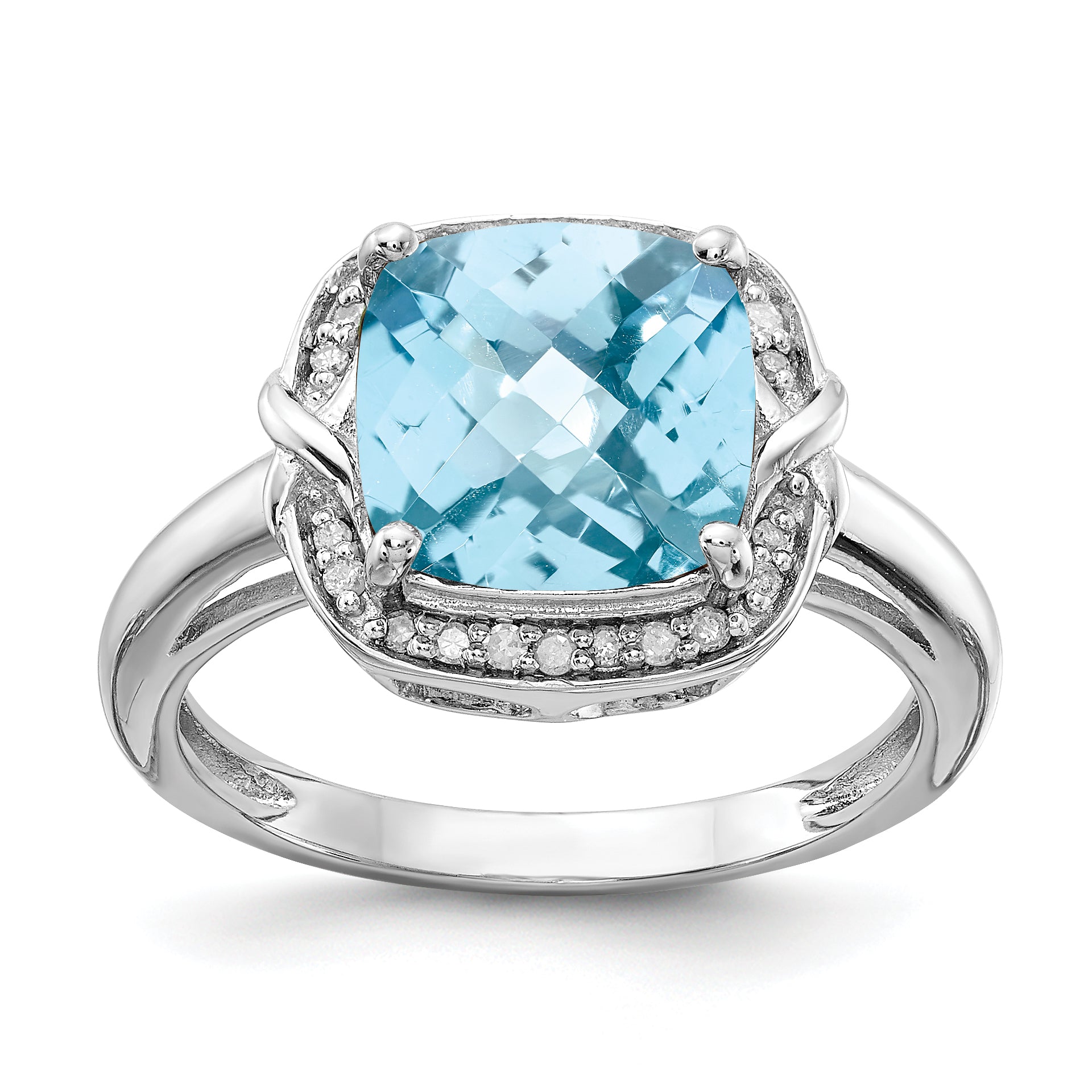 Sterling Silver Rhodium Diam. & Checker-Cut Sky Blue Topaz Ring Main image