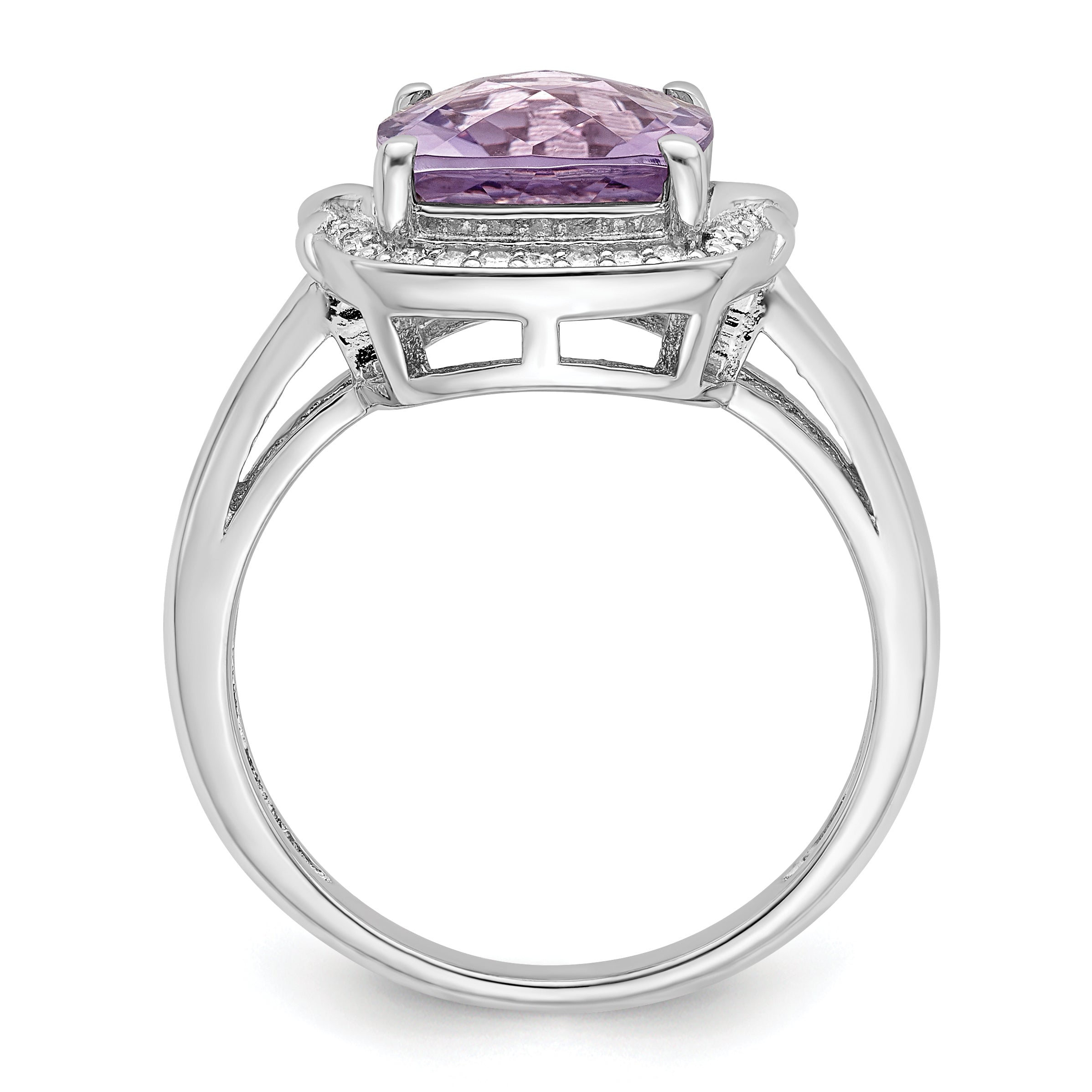 Sterling Silver Rhodium Diam. & Checker-Cut Pink Quartz Ring Secondary image
