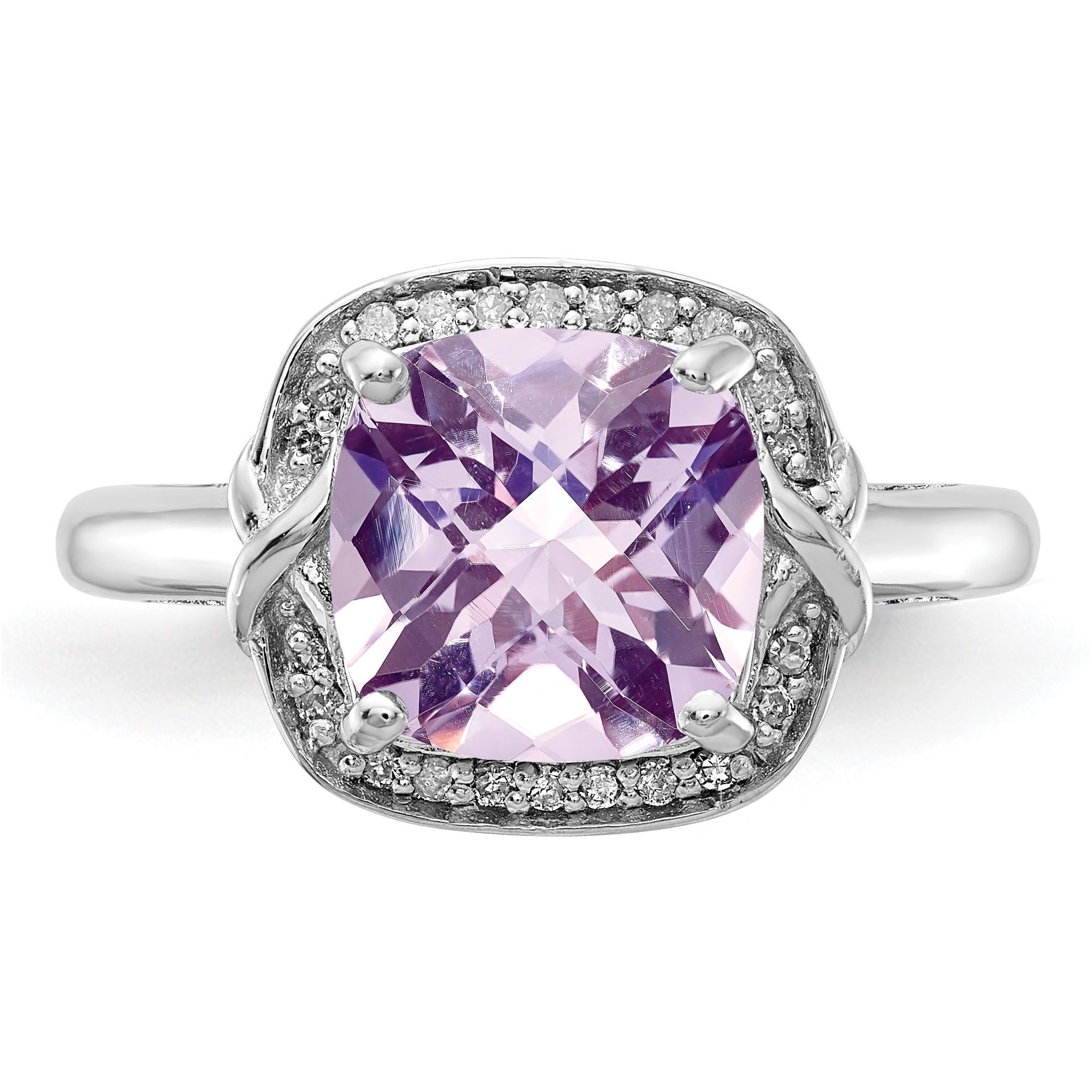 Sterling Silver Rhodium Diam. & Checker-Cut Pink Quartz Ring