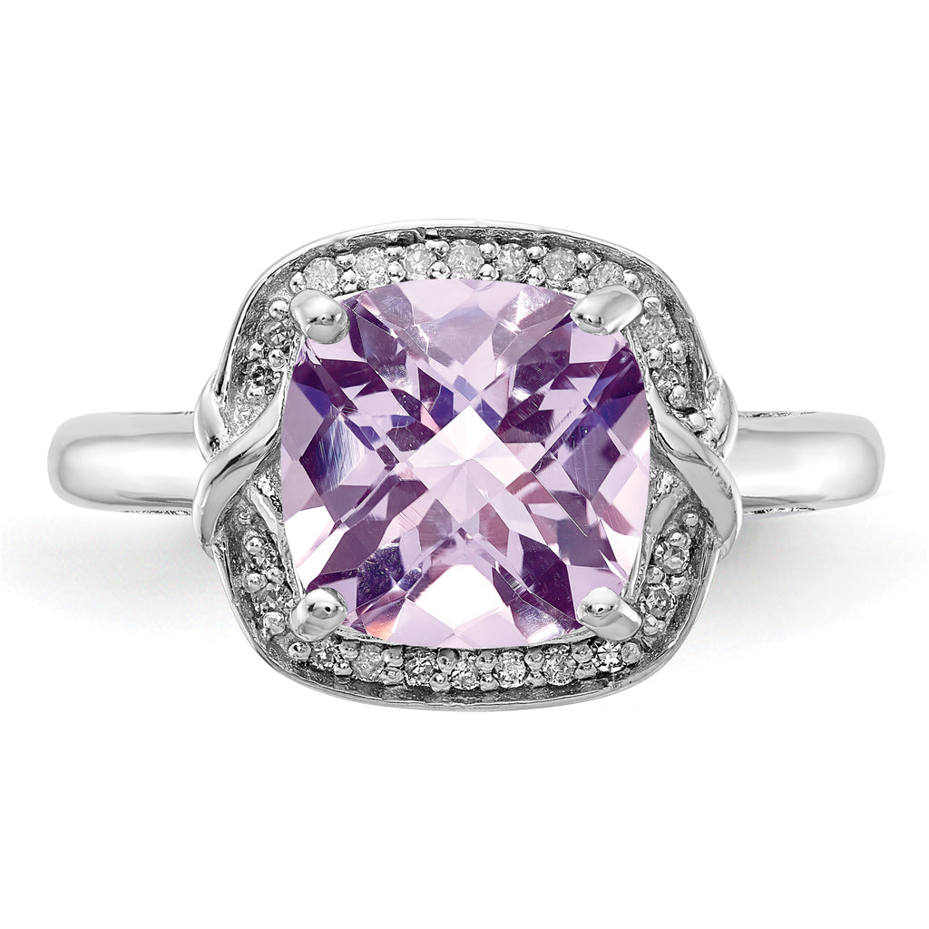 Sterling Silver Rhodium Diam. & Checker-Cut Pink Quartz Ring