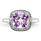 Sterling Silver Rhodium Diam. & Checker-Cut Pink Quartz Ring