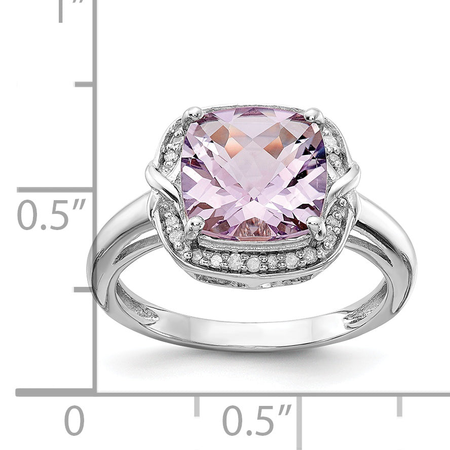 Sterling Silver Rhodium Diam. & Checker-Cut Pink Quartz Ring