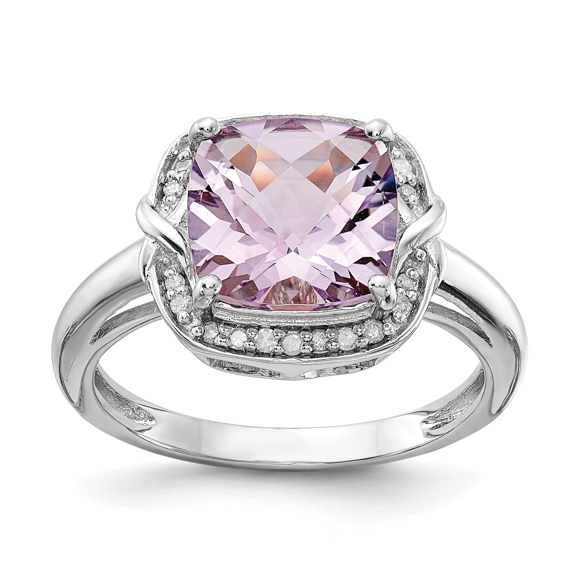 Sterling Silver Rhodium Diam. & Checker-Cut Pink Quartz Ring Main image
