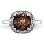 Sterling Silver Rhodium Diam. & Checker-Cut Smoky Quartz Ring