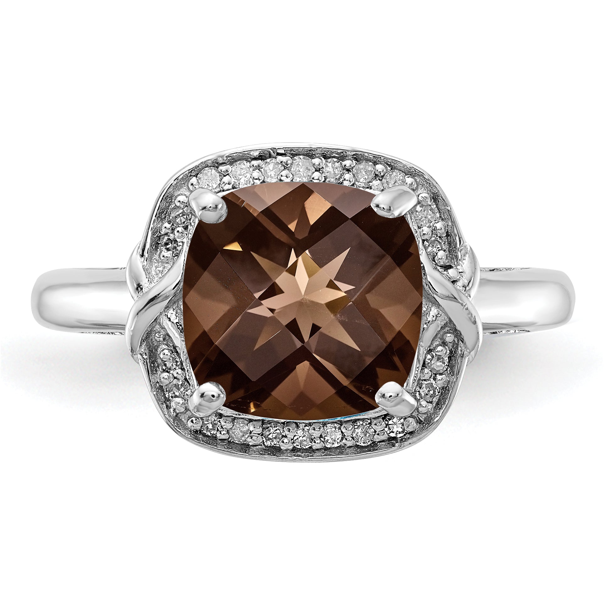 Sterling Silver Rhodium Diam. & Checker-Cut Smoky Quartz Ring