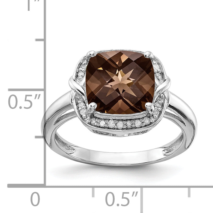 Sterling Silver Rhodium Diam. & Checker-Cut Smoky Quartz Ring