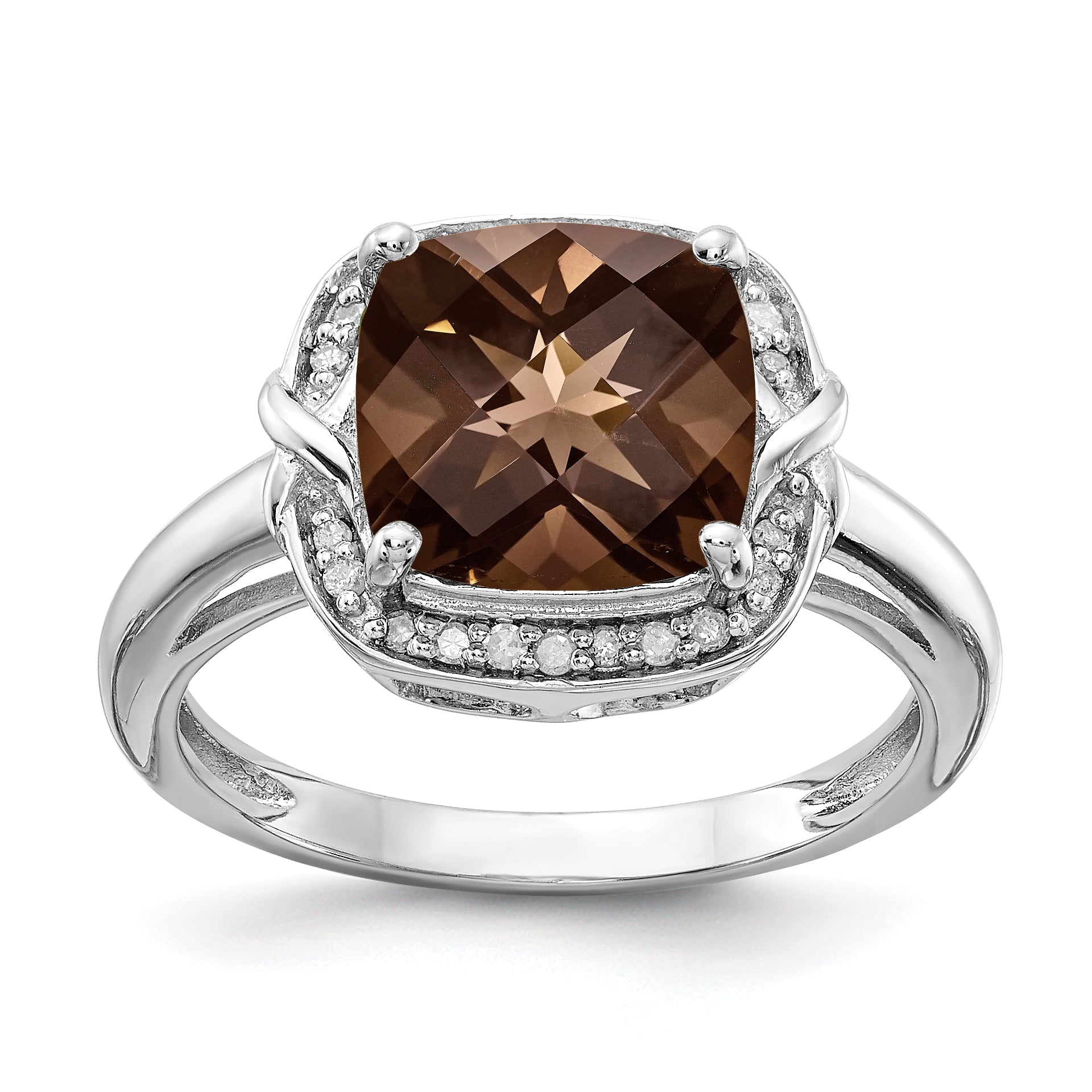 Sterling Silver Rhodium Diam. & Checker-Cut Smoky Quartz Ring Main image
