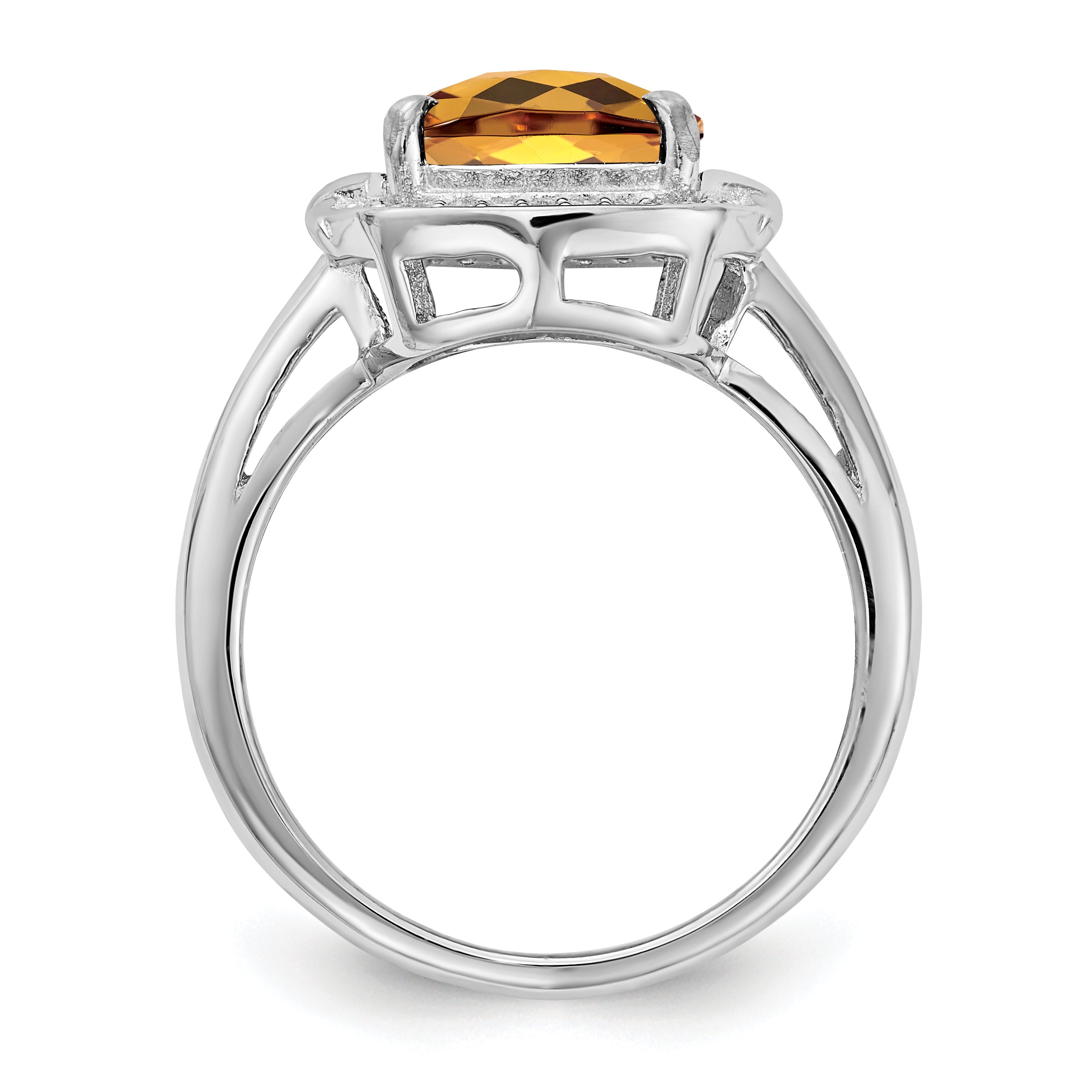 Sterling Silver Rhodium Diam. & Checker-Cut Whiskey Quartz Ring Secondary image