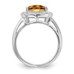 Sterling Silver Rhodium Diam. & Checker-Cut Whiskey Quartz Ring