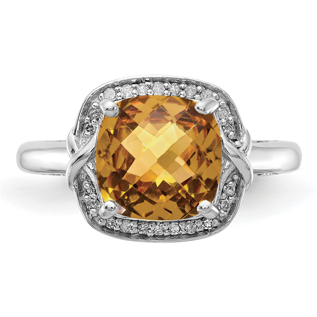 Sterling Silver Rhodium Diam. & Checker-Cut Whiskey Quartz Ring