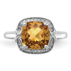 Sterling Silver Rhodium Diam. & Checker-Cut Whiskey Quartz Ring