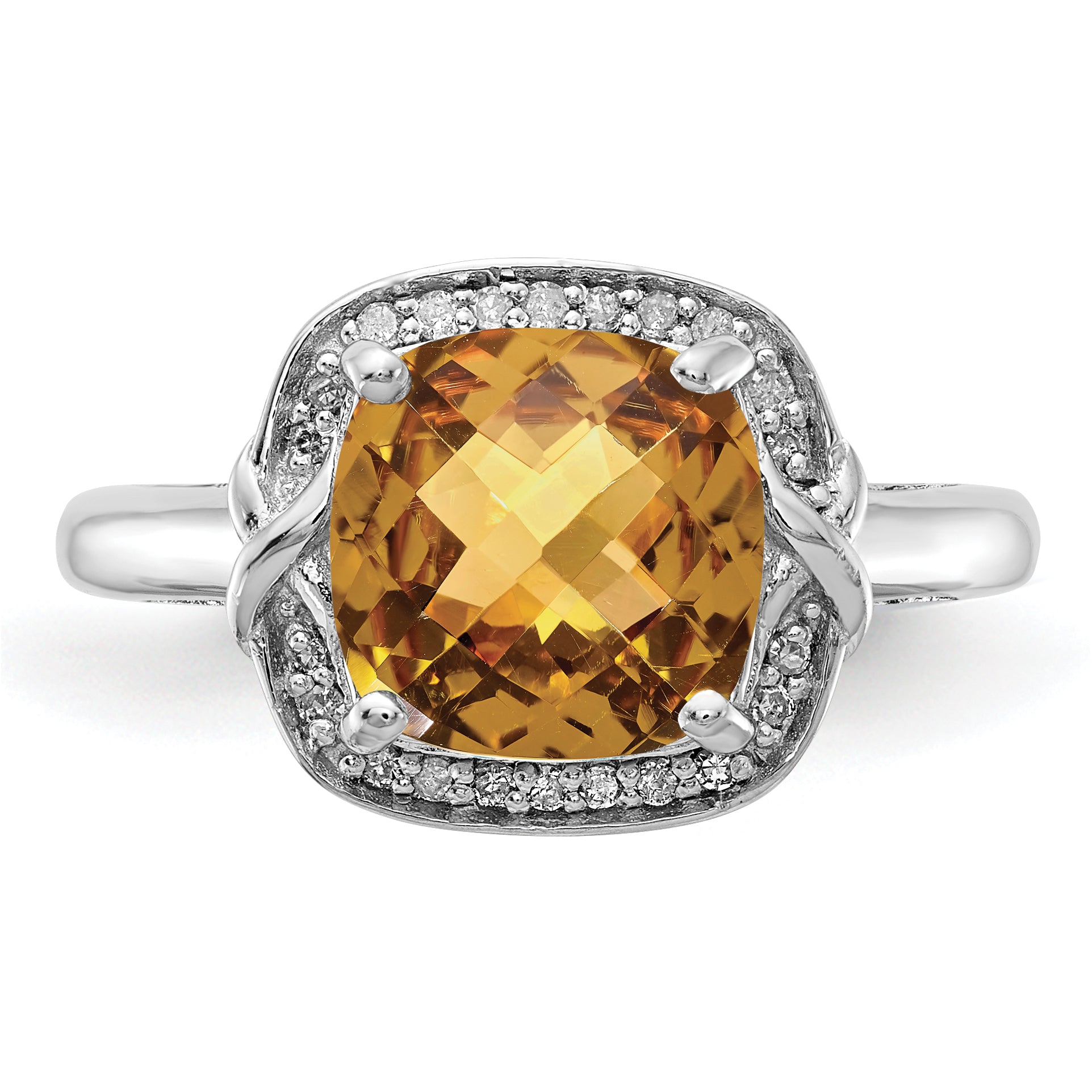 Sterling Silver Rhodium Diam. & Checker-Cut Whiskey Quartz Ring