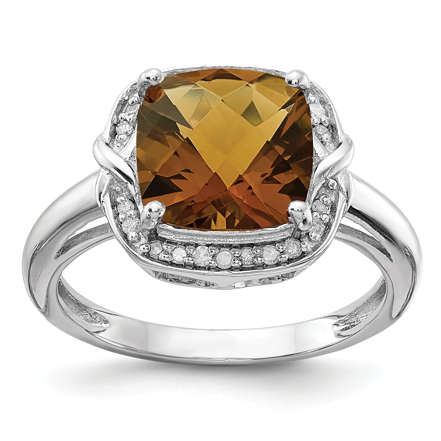 Sterling Silver Rhodium Diam. & Checker-Cut Whiskey Quartz Ring Main image
