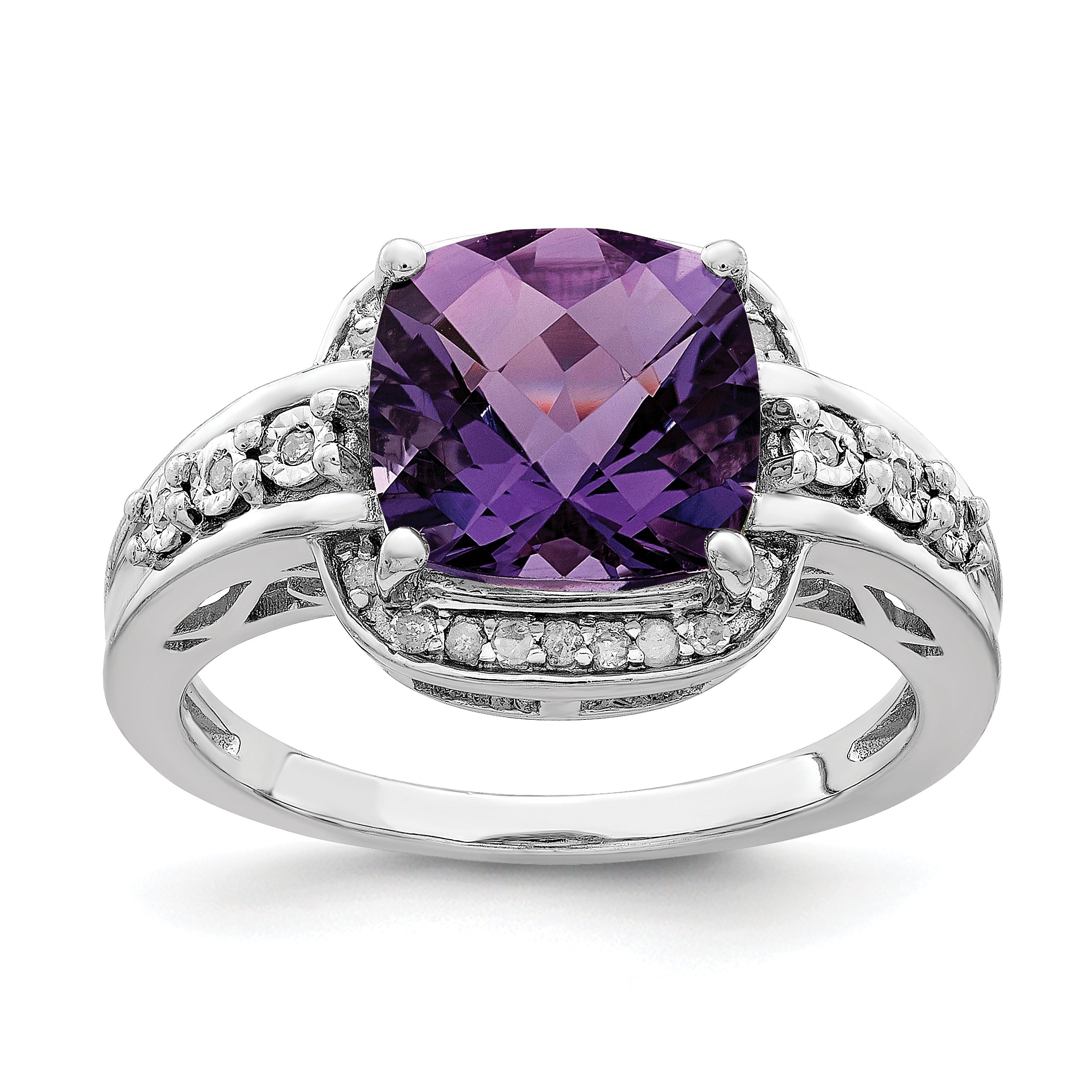 Sterling Silver Rhodium-plated Diamond & Checker-Cut Amethyst Ring Main image