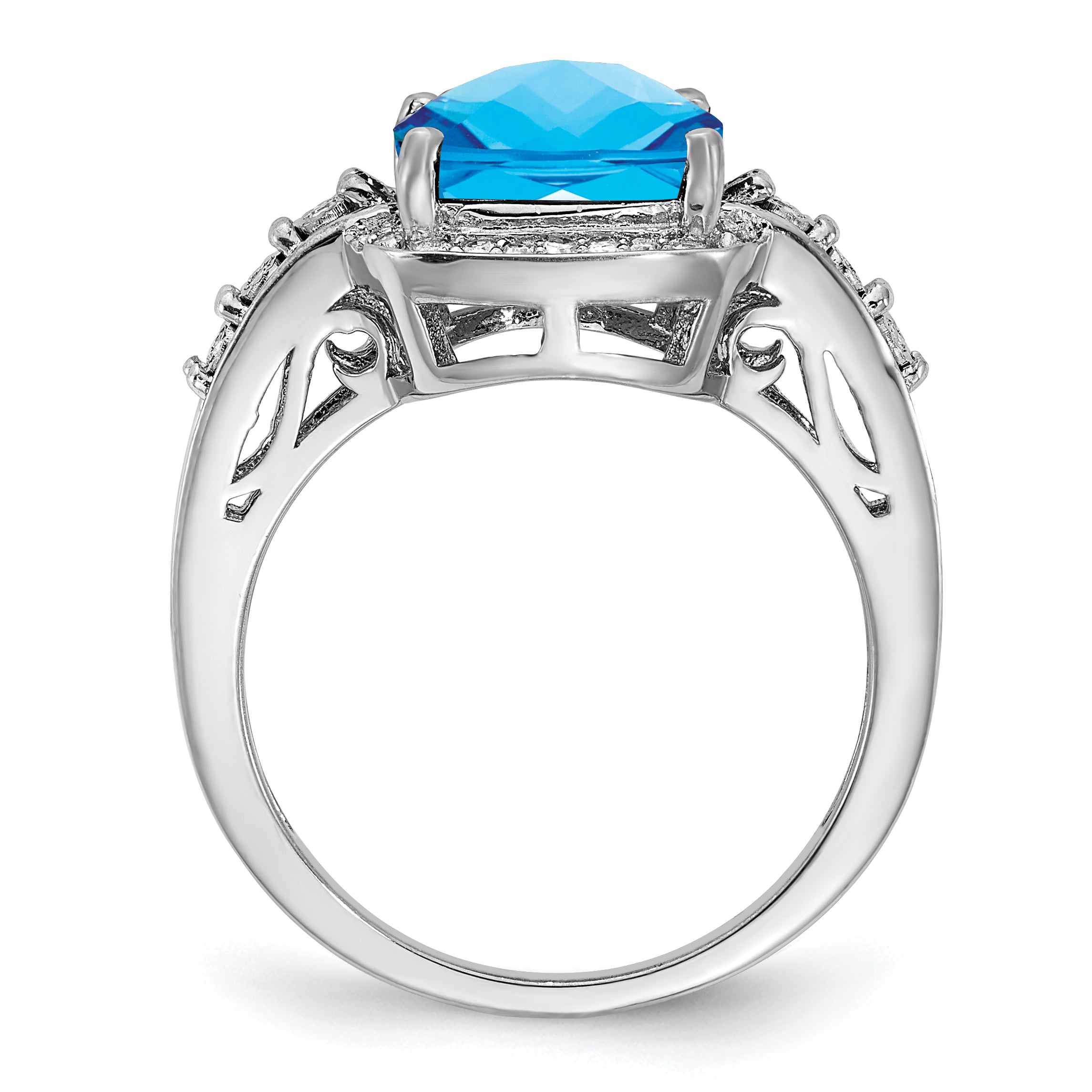Sterling Silver Rhodium Diam. & Checker-Cut Blue Topaz Ring Secondary image